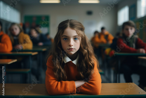 Portrait of a young girl in her classroom during a lesson at school
