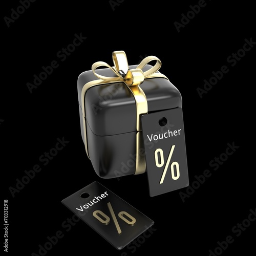 3d render illustration golden ribbon open gift box with gift voucher coupon promotional 