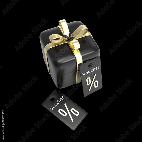 3d render illustration golden ribbon open gift box with gift voucher coupon promotional 