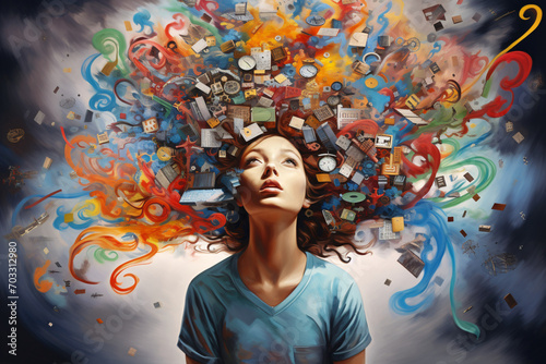 A woman surrounded by chaotic thoughts, intrusive thoughts, or overthinking, depicting the concept of neurodiversity, ADHD or Autism