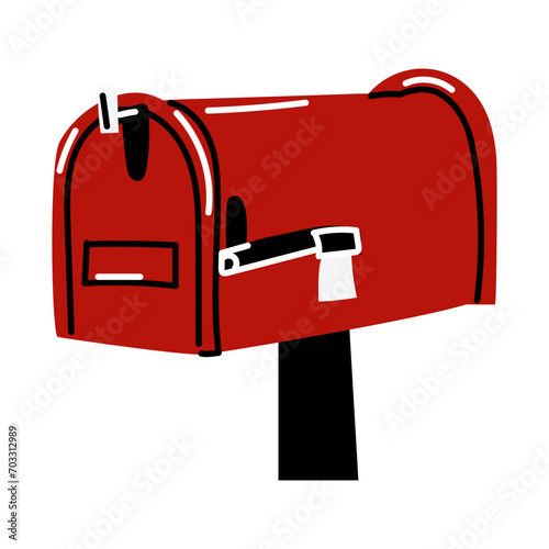 Red mailbox near the house on a white. Modern vector illustration, hand-drawn. An isolated design element. Delivery, message, communication concept. Mailbox, mailbox box, letter box, mail, post