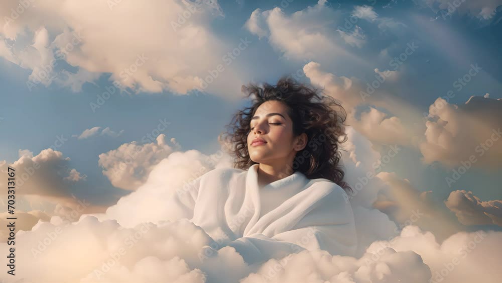 Woman sleeping on a cloud, dreaming in the sky clouds, peaceful ...