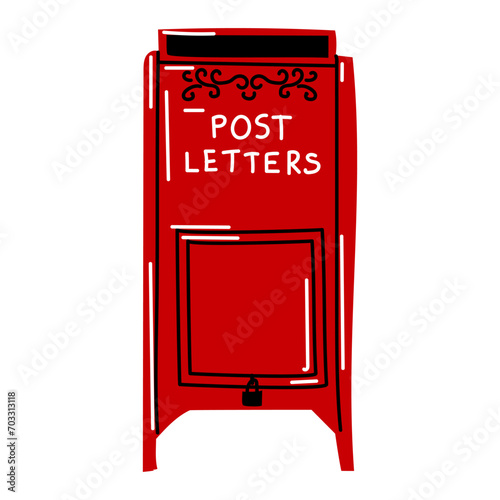 Red large mailbox with legs and a white. Modern vector illustration, hand-drawn. An isolated design element. Delivery, message, communication concept. Mailbox, mailbox box, letter box, mail, post.