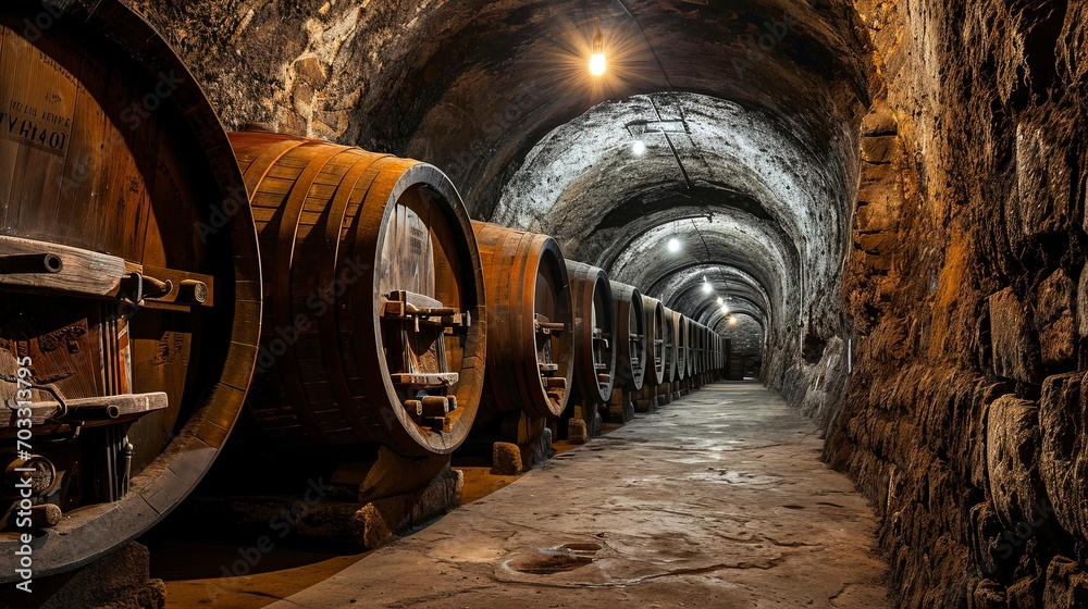 An underground vintner in the shape of a vaulted cellar. Wine barrels. Stone walls. An underground vintner in the shape of a vaulted cellar. Wine barrels. Stone walls.