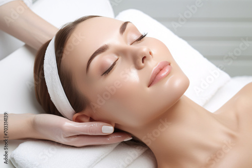 Woman relaxing with side facial massage at a beauty spa