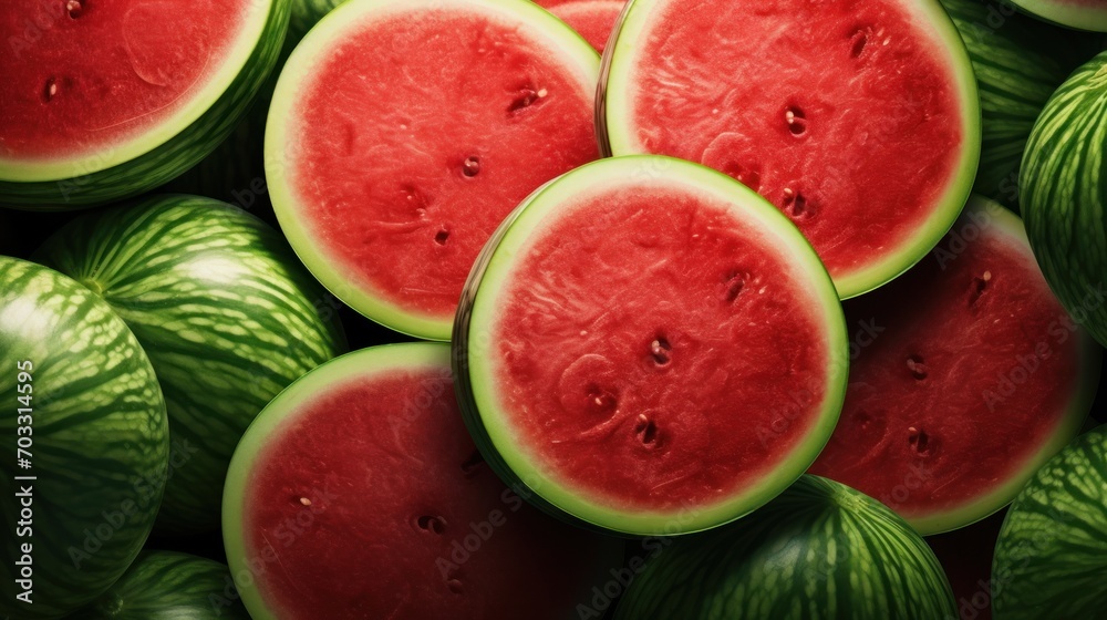 a pile of watermelon slices sitting next to each other on top of a pile of watermelons. a pile of watermelon slices sitting next to each other on top of a pile of watermelons.