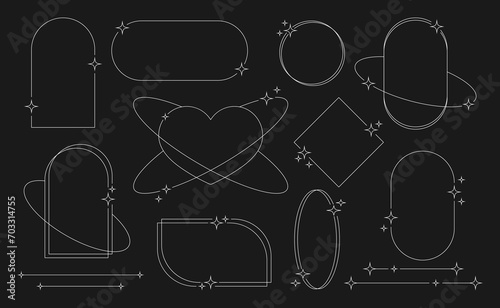 Set of white geometric aesthetic abstract line frames and shapes with stars boho, brutalism, Y2K style. Geometric elements with sparkles for template design social media, poster, banner, logo, sticker