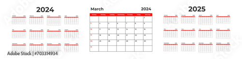 2024, 2025 year calendar. Desk planner template with 12 months. Week starts Sunday. Business schedule. Month date.