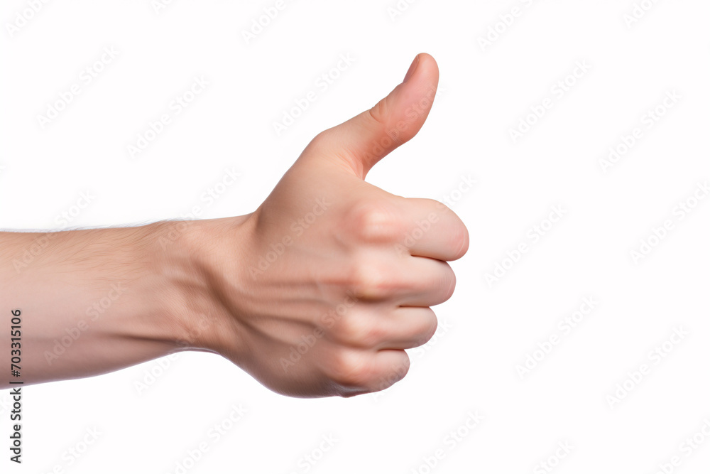 Caucasian hand with a thumbs up sign against a white background Caucasian hand with a thumbs up sign against a white background