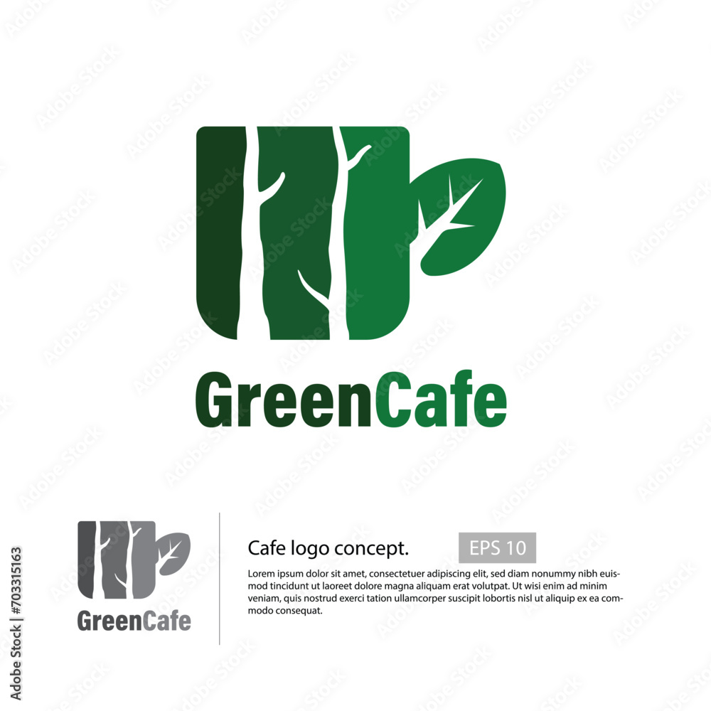 Tree branches and leaves that form a mug as a logo design concept. Cafe logo concept design with minimalist style. Tree branches and leaves that form a mug as a logo design concept. Cafe logo concept design with minimalist style.