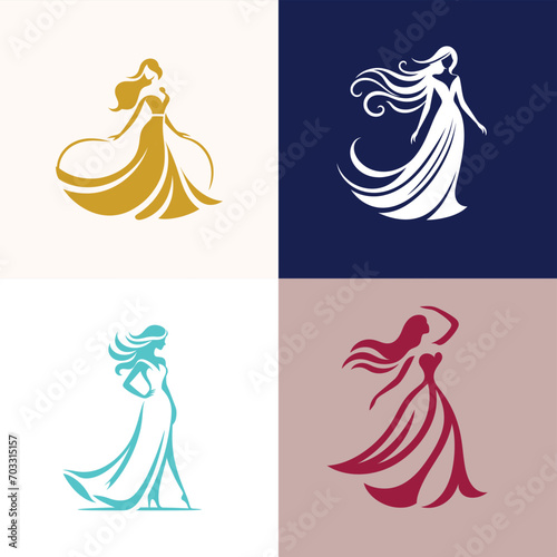 Collection of woman's fashionable boutique dress icon, logo