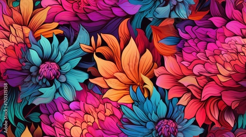  a bunch of colorful flowers that are in the middle of a wallpaper pattern, with a blue center surrounded by red, orange, pink, and green petals.