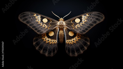  a close up of a butterfly on a black background with a reflection of the back of it's wings.