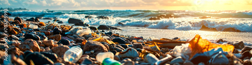 Stone beach with plastic waste. Plastic bottles in nature. Environmental pollution concept. AI generated.