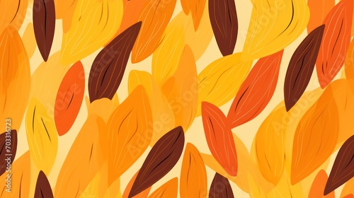  a pattern of orange and brown leaves on a light yellow background with a brown stripe in the middle of the image.