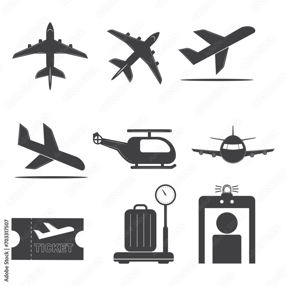 Airport icon set. Universal airport and air travel icons.  Vector illustration. Simple airport icons set. Use for web and mobile UI, set of basic UI airport elements