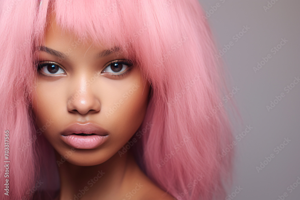 Close up of beautiful afro american woman witt unusual pink dyed hair