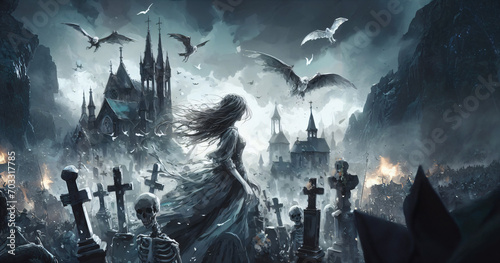 Ghost Castle in a Cemetery,A dark and gloomy scene in a cemetery with gothic architecture. A woman with loose hair stands back, wearing a long dress, scary background