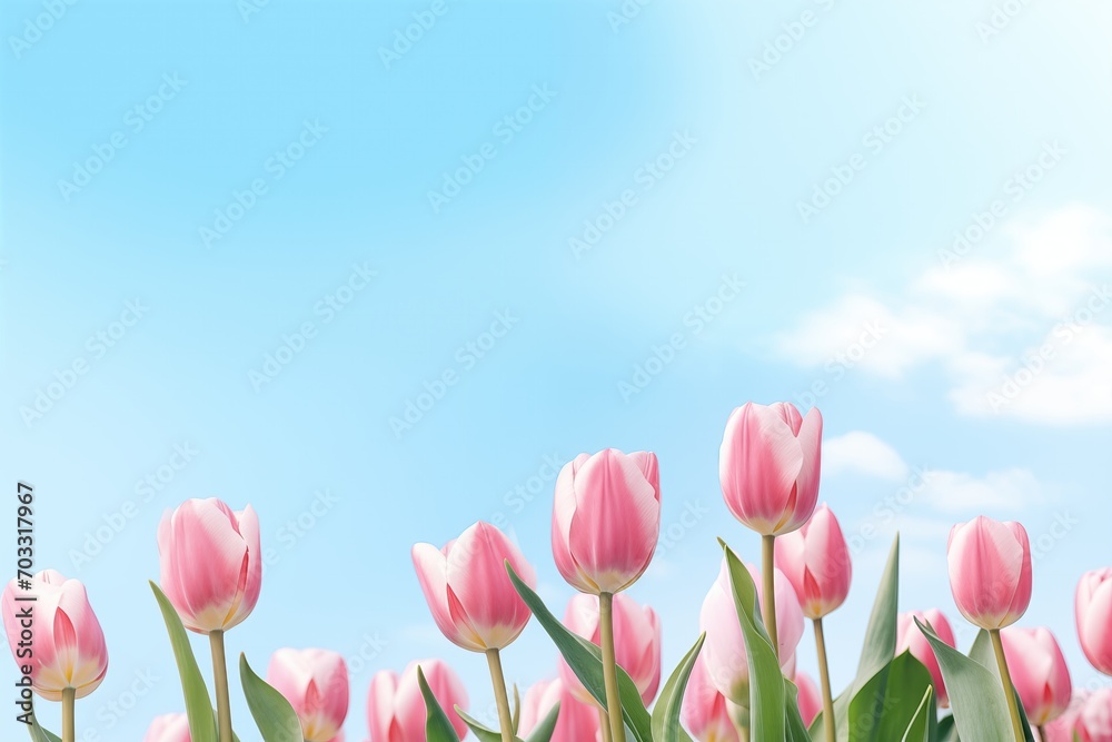 Pink tulips on a blue sky background. with copy space. for valentine, birthday, wedding, invitation, card, greeting, presentation, celebration, banner