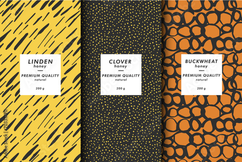 Vector illustration set of templates contemporary abstract cover and patterns for honey packaging with labels. Minimal modern backgrounds