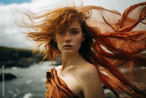 portrait of a woman with a rust red scarf