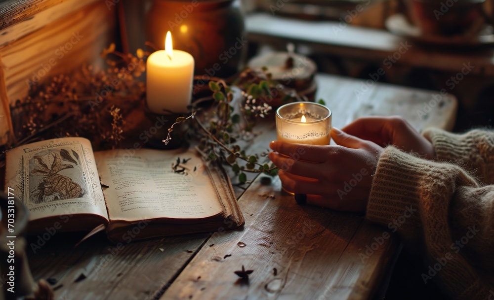 Woman lighting holding candles to read a book 
