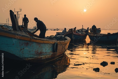A group of fishermen at sunrise preparing their boats.