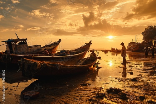 A group of fishermen at sunrise preparing their boats.