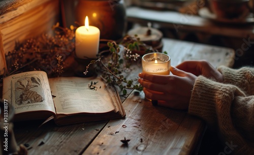 Woman lighting holding candles to read a book 