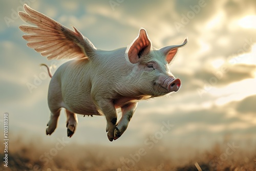 A pig with wings flying in the sky.