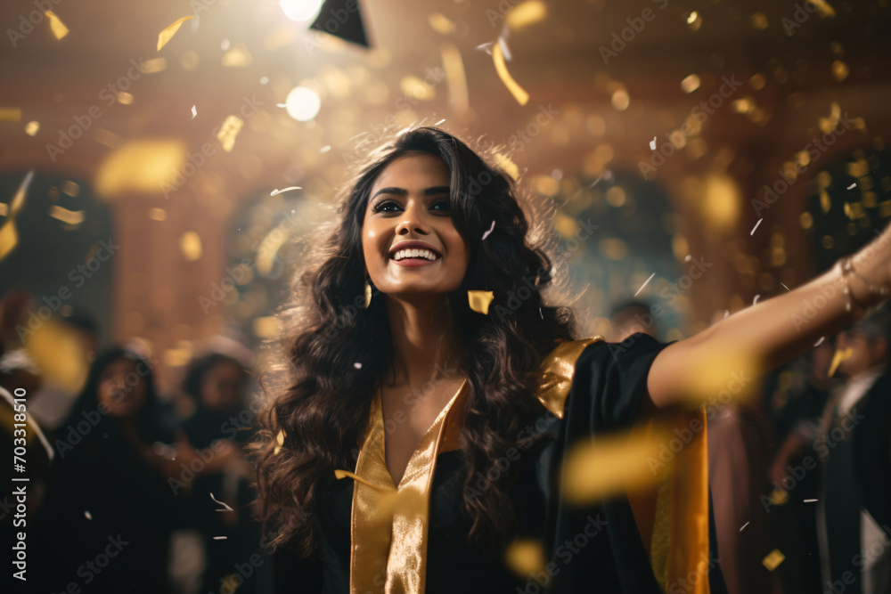 Candid moment of a female College student smiling and celebrating at her graduation ceremony, golden glitter flying through the air