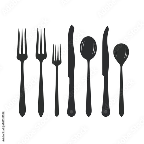 vector, fork, cutlery, restaurant, dining, kitchen, meal, dinner, knife, dish, illustration, icon, set, cooking, design, eat, symbol, utensil, black, food, tableware, spoon, silverware, isolated, lunc