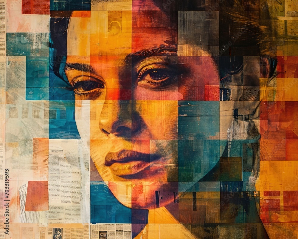 Double exposure with colorful newsprint with girl and checkerboard. Double exposure with colorful newsprint with girl and checkerboard.
