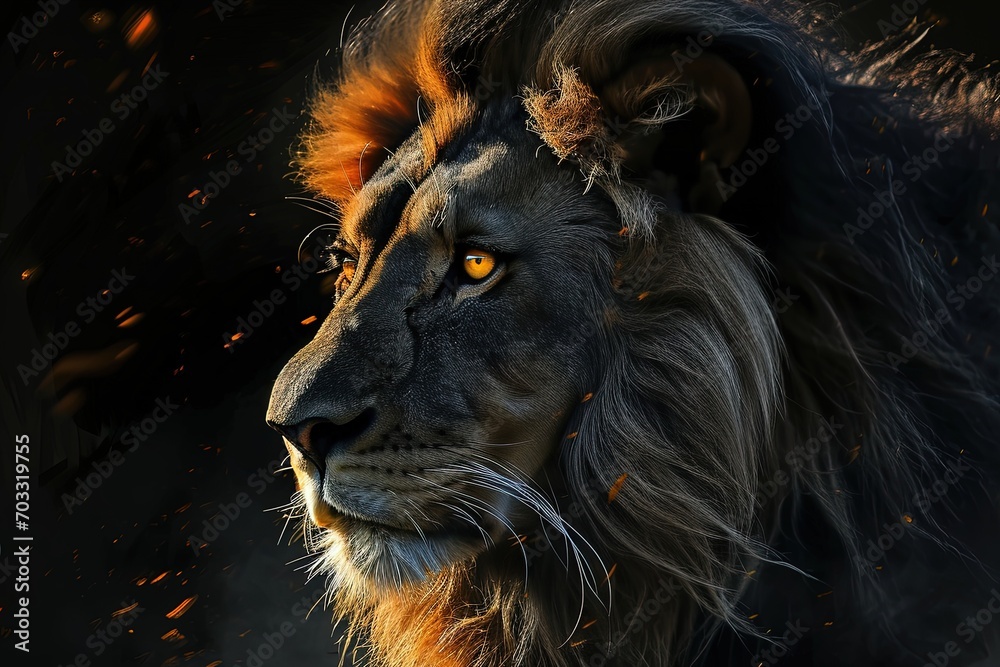 Fototapeta premium Lion king and flames, dark background.