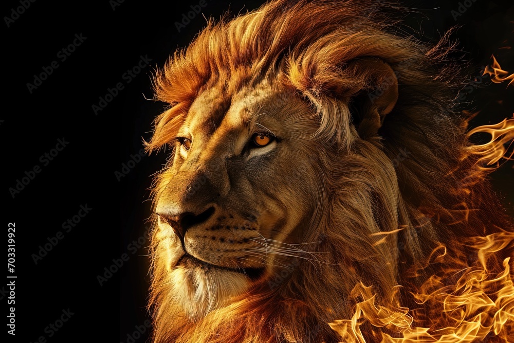 Fototapeta premium Lion king and flames, dark background.