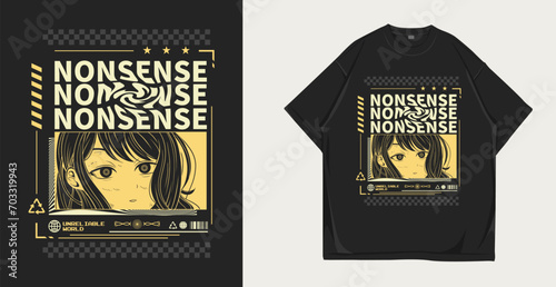 Anime urban t shirt print design, japanese streetwear vector graphic for t shirt print, illustration for apparel and clothing