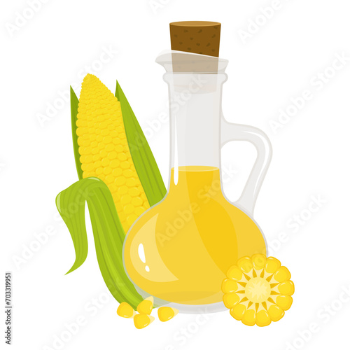 Corn oil in a glass bottle isolated on a white background. Vector illustration in a flat style. Yellow corn.