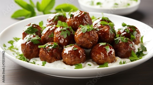  a white plate topped with meatballs covered in sauce and garnished with green leafy garnish.
