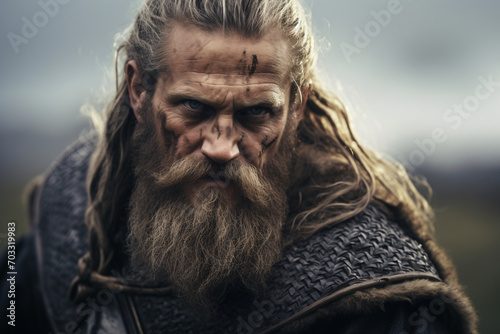 Portrait of a fierce Viking warrior on the battlefield