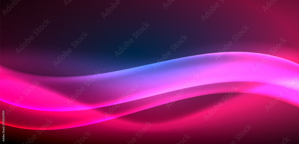 Naklejka premium Dynamic waves in ethereal glow of neon lights. Concept merges fluidity of motion with vibrant allure of neon, crafting entrancing backdrop that embodies both vitality and futuristic sophistication