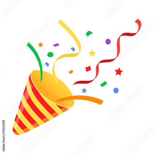 Party popper with gold confetti and serpantine salute isolated on white. Vector illustration. Golden cracker for celebration event design. Birthday and New Year congratulations surprise.