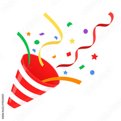 Party popper with gold confetti and serpantine salute isolated on white. Vector illustration. Golden cracker for celebration event design. Birthday and New Year congratulations surprise.