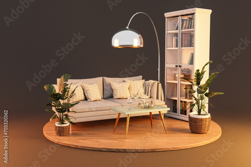 livingroom interior design isolated on wooden podest and infinite background; couch and bookshelf; 3D rendering photo