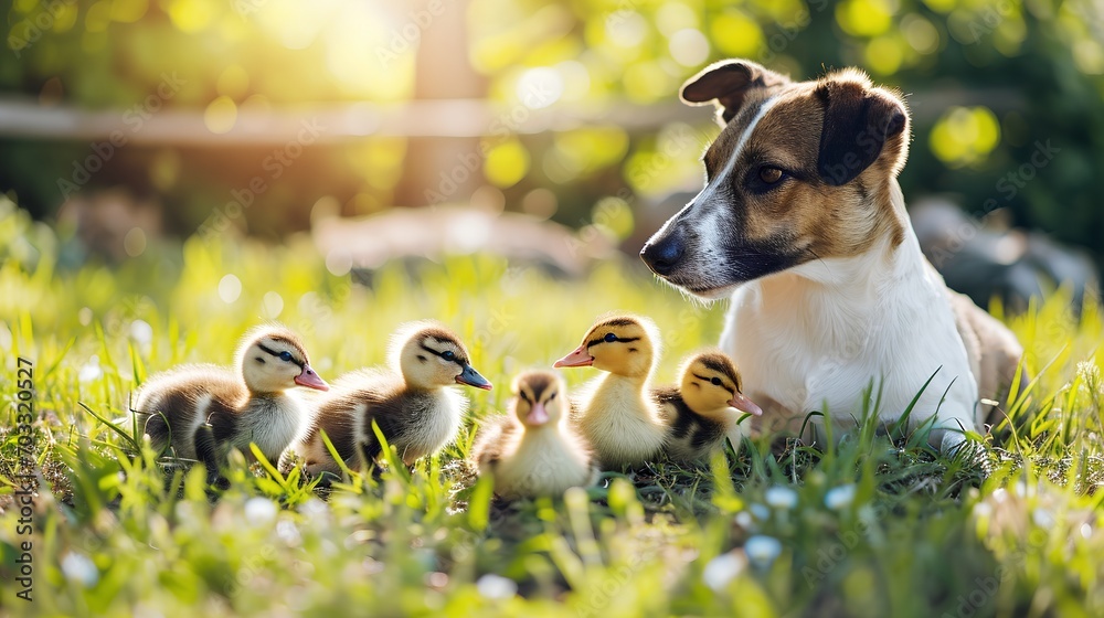 A heartwarming scene of animal companionship on a rustic farm, featuring an adorable puppy and a group of fluffy ducklings huddled together, symbolizing cross-species friendship and bucolic serenity. - obrazy, fototapety, plakaty 
