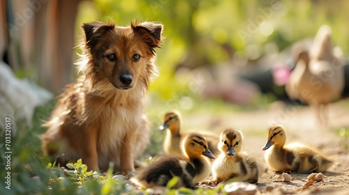 A heartwarming scene of animal companionship on a rustic farm, featuring an adorable puppy and a group of fluffy ducklings huddled together, symbolizing cross-species friendship and bucolic serenity.