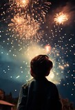 AI generated illustration of a young boy looking at fireworks in the sky