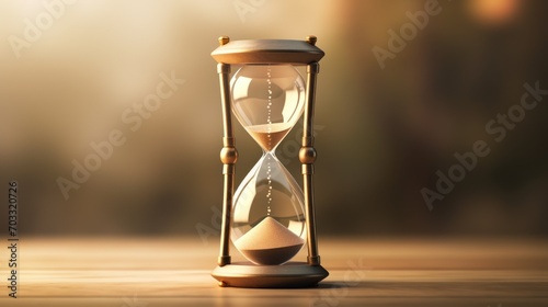  an hourglass sitting on top of a wooden table next to a blurry image of the sun shining through the window.