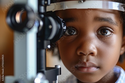 Boy getting an eye exam at clinic. photo