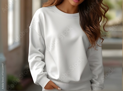 Young Model Shirt Mockup, Girl wearing white Sweatshirt on street in daylight, Shirt Mockup Template on hipster adult for design print, Female wearing casual Sweatshirt mockup placement