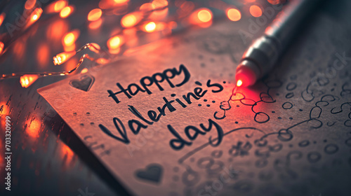 Happy Valentines Day. Red pen on the background of Christmas lights.